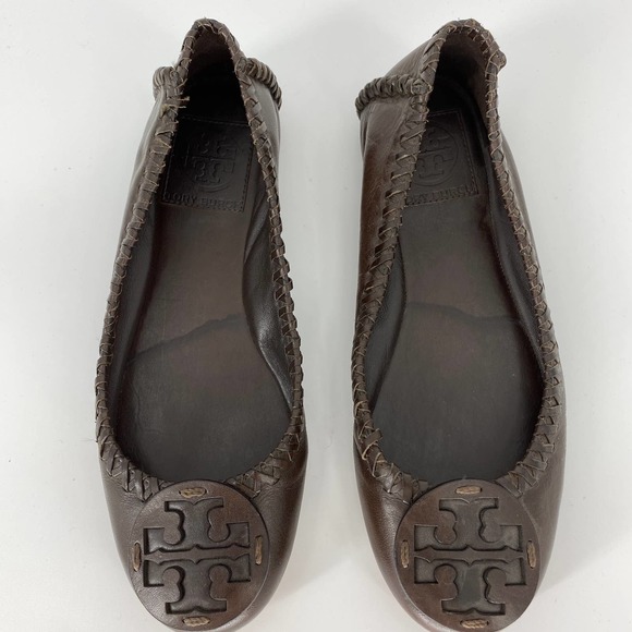 TORY BURCH Brown Leather Subdued Logo Ballet Flats - Picture 1 of 4